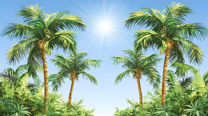 Tropical Palm Trees under a bright sun. Lush greenery surrounds the palms in a vibrant tropical scene