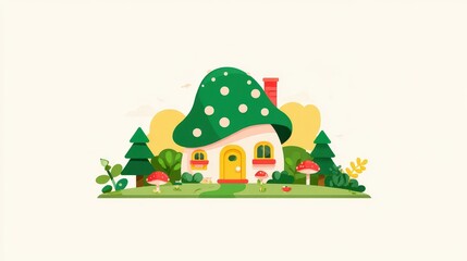 A whimsical mushroom-shaped house nestled in a lush landscape.