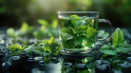 A glass mug filled with mint tea, on a dark reflective surface outdoors. Use for health blogs, food photography, and alternative herbal medicine.