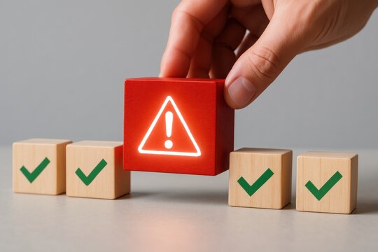 Risk and Safety: A hand places a red block with an exclamation mark amidst green checkmarks, signifying a critical alert or safety measure in a business setting. 