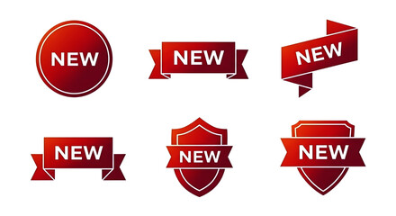 Set of Red "NEW" Badges and Ribbons with White Text.