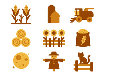 Glowing farm icons set featuring harvest, machinery, and animals in warm tones