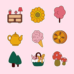 Cute retro stickers set flowers trees table