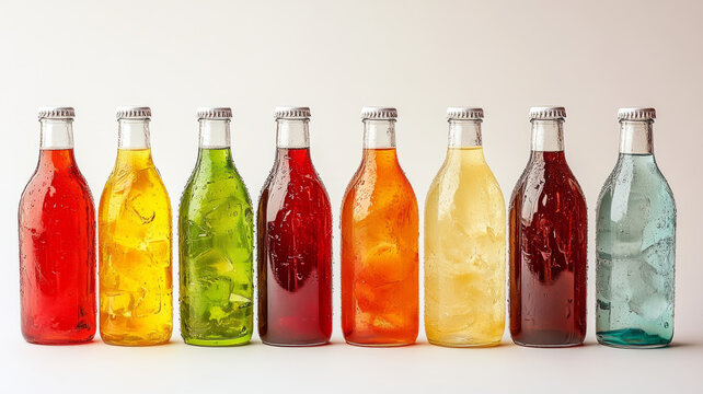 Colorful glass bottles of assorted drinks in a row.