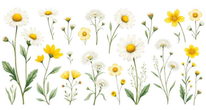 Whimsical Yellow and White Daisy Floral Collection: Hand-Drawn Botanical Illustrations, Springtime Mood.