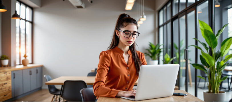 Focused young woman working on laptop in modern office professional environment indoor workspace creative concept