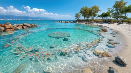 Fototapeta premium A Vibrant Underwater Scene Featuring Innovative Marine Life Flourishing in a Sustainable Beach Ecosystem