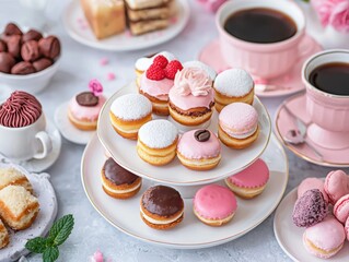 A two-tiered plate filled with assorted mini pastries and macarons, accompanied by pink cups of coffee and other sweet treats, all styled in soft pastel tones.