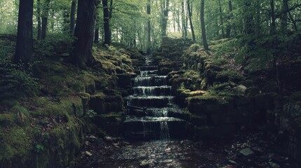 Cascading waterfall feature within a dense forest.