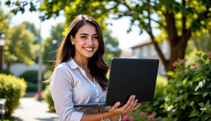 Working on a laptop outdoors young professional park photography natural light remote work lifestyle