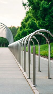 Modern silver bicycle racks in a row with green trees and sky background