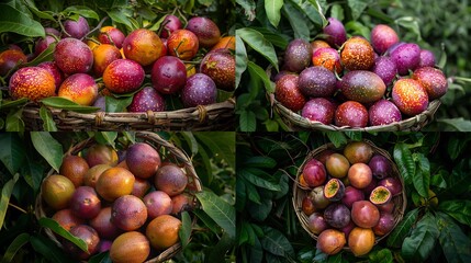 A collection of ripe passion fruits arranged in a woven basket with their wrinkled purple skins and hints of orange set against a backdrop of green foliage