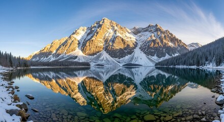 Fototapeta premium Mountain peak covered in snow reflected in a calm lake surrounded by trees on a clear day.