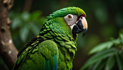 Close-up parrot in lush forest