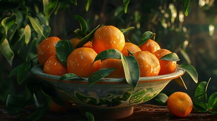 A collection of ripe tangerines arranged in a ceramic bowl with their bright orange skins and hints of green set against a backdrop of green leaves