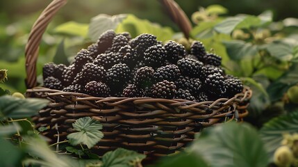 A collection of vibrant blackberries arranged in a woven basket with their glossy black skin and plump texture set against a backdrop of green foliage