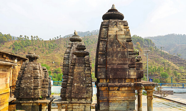 Panoramic view of the Vaishnav Group of Temples, an historic architectural marvel located in Deval, Pauri, Uttarakhand, India.