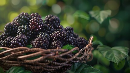 A collection of vibrant blackberries arranged in a woven basket with their glossy black skin and plump texture set against a backdrop of green foliage