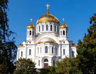 Fototapeta premium White church with golden domes under blue sky