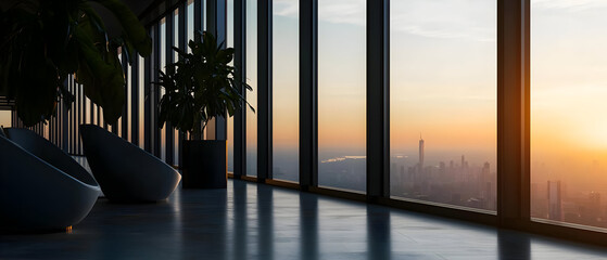 Fototapeta premium High-rise lounge with panoramic city views at sunset