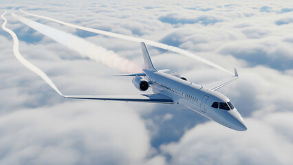 Obraz premium Airplane flying above clouds with vapor trail. Clean concept for sky logistics.
