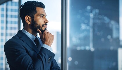 Plakat Thoughtful businessman gazing at city view