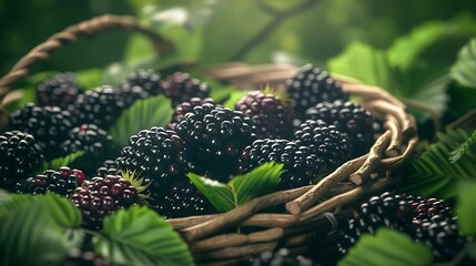 A collection of vibrant blackberries arranged in a woven basket with their glossy black skin and plump texture set against a backdrop of green foliage