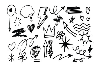Sketch line arrow element, star, heart shape. Hand drawn doodle sketch style circle, cloud speech bubble grunge element set. Arrow, star, heart brush decoration. Vector illustration.
