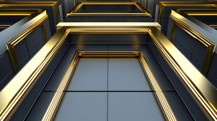 Obraz premium Geometric, golden-framed architectural display, dark gray tiled background. Intricate, symmetrical patterns with golden trim create a visually dynamic perspective