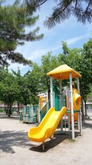 Children playing on colorful playground equipment urban park outdoor fun sunny day wide angle childhood joy