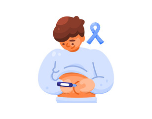 An illustration of a man injecting insulin into his stomach. Treatment for diabetes. Injections. Treatment and health. Blue ribbon of diabetes awareness. Flat style characters