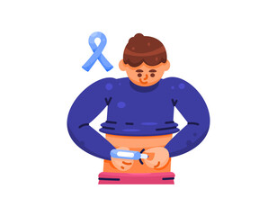 An illustration of a man injecting insulin into his stomach. Treatment for diabetes. Injections. Treatment and health. Blue ribbon of diabetes awareness. Flat style characters