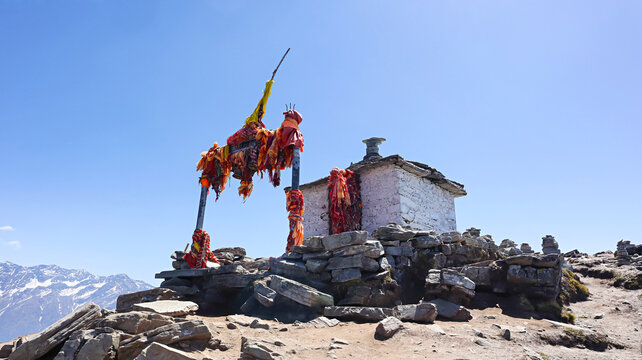 Panoramic view of the Chandrashila Temple, perched atop the Chopta trek summit, situated in Rudraprayag, Uttarakhand, India.