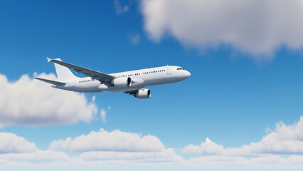 Obraz premium Jet flies into open sky with vivid clouds. Inspiring air travel concept.