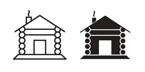 Winter Cabin icon set, line and black glyph style for food app website.