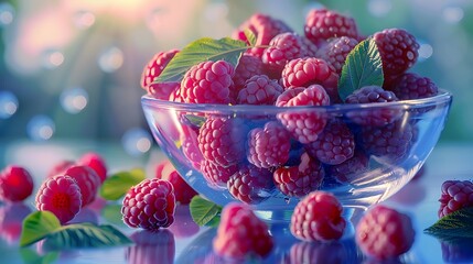 A collection of vibrant raspberries arranged in a glass bowl with their bright red hue contrasting beautifully against the clear glass and a few leaves for decoration