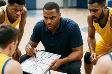Focused basketball coach strategizing with team during intense timeout on indoor court, pointing at tactics board with serious expressions all around. Ai generative