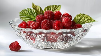 A collection of vibrant raspberries arranged in a glass bowl with their bright red hue contrasting beautifully against the clear glass and a few leaves for decoration