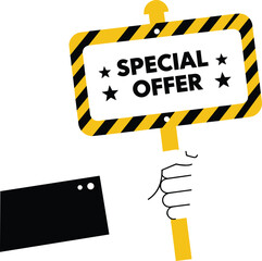 flat vector illustration of a hand holding a yellow and black striped signboard with bold text reading 