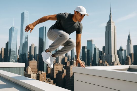 Athletic man performing parkour jump between rooftops with modern city skyline in background under bright daylight in urban sport concept. Ai generative