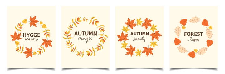 set of minimalist autumn posters with leaf wreaths and cute messages