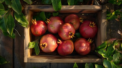 A group of juicy pomegranates arranged in a wooden crate with their deep red skin and hints of pink set against a backdrop of green leaves