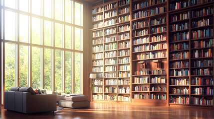 Spacious library with large windows, showcasing a wall of bookshelves filled with various books.  A comfortable seating area is nestled beside the window