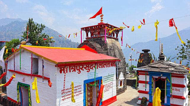 Ancient Shri Tripura Sundari Mata Temple exhibiting Katyuri style architecture, located in Naala, Rudraprayag, Uttarakhand, India.