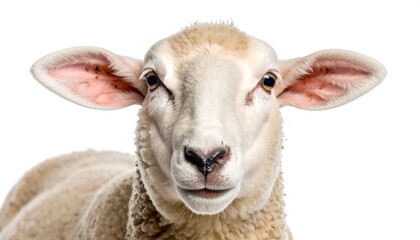 Close-up portrait of a sheep against a white background