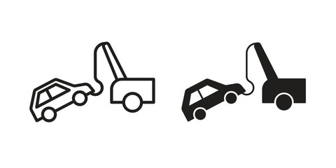 Towed car icon set, line and black glyph style for food app website.