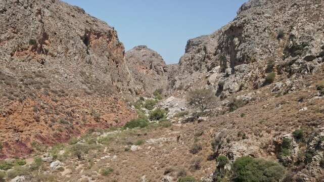 Arid, rocky landscape of the Zakros Gorge (Valley of the Dead) in Crete.