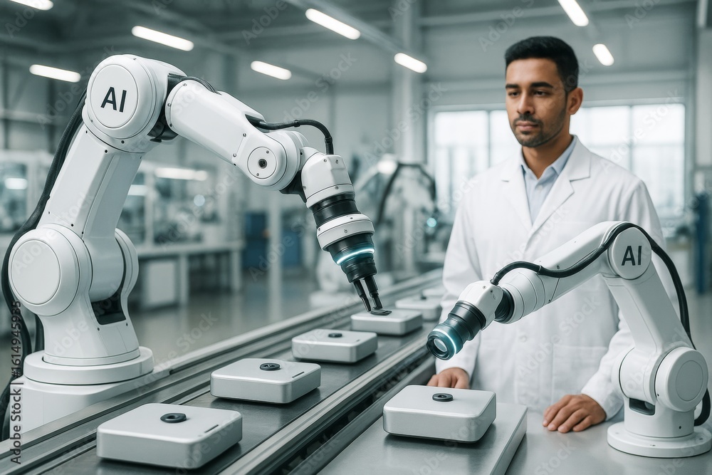 Poster advanced robotic ai arms assembling electronic devices in modern factory with scientist monitoring p