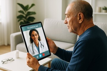 Elderly man using digital tablet for telemedicine consultation with female doctor at home in bright setting, showcasing modern healthcare technology. Ai generative