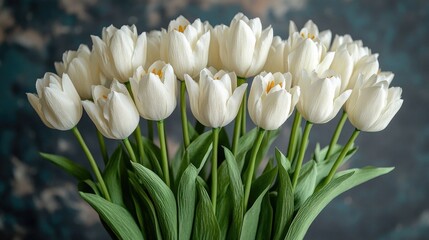 Fototapeta premium Bunch of stunning white tulips with stems and green leaves detail. Use it for spring, elegance, nature-related concepts.